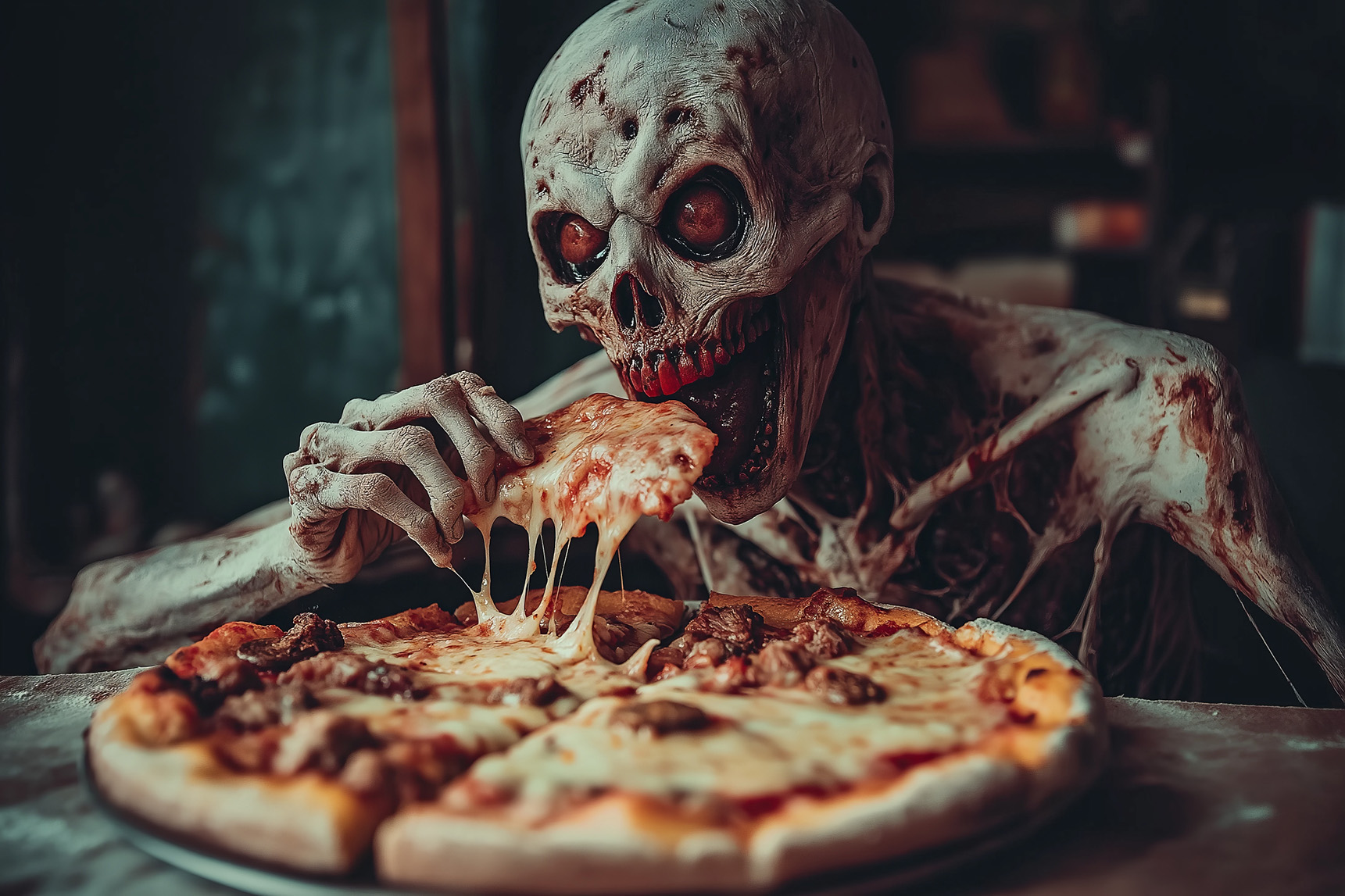 Zombie qui deguste une pizza d'halloween